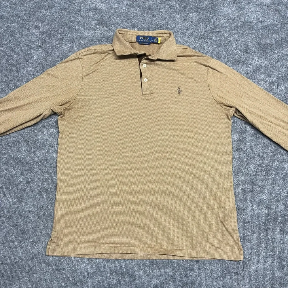 Polo Ralph Lauren Polo Shirt Mens Large Tan Herringbone Long Sleeve Custom Slim